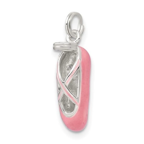 925 Sterling Silver Polished Pink Enamel Ballet Slipper Necklace Charm Pendant - Picture 1 of 5